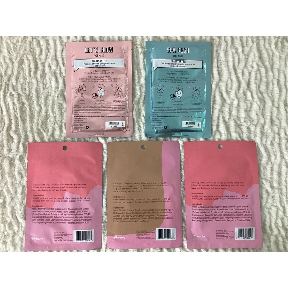 Facial Masks Pink Glow Spa Sweet Coffee Lot of 5 Individual 1 Sheet‎ Packages